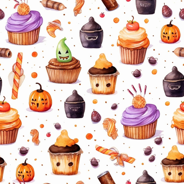 Pattern of Halloween-themed cupcakes, candies, and jack-o-lanterns on a white background.