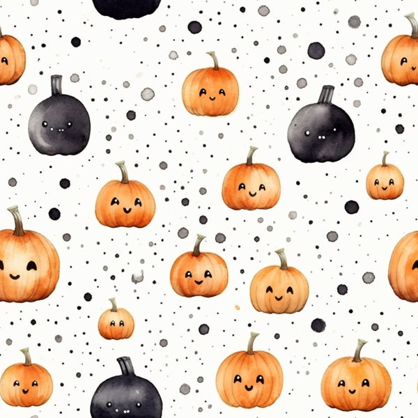 Pattern of smiling orange and black pumpkins with scattered gray dots on a white background.