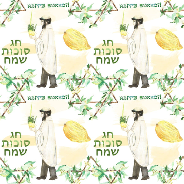 Illustration of a person in traditional clothing holding a lulav and etrog, surrounded by branches, lemons, and Hebrew text. Repeated pattern includes Happy Sukkot! message.