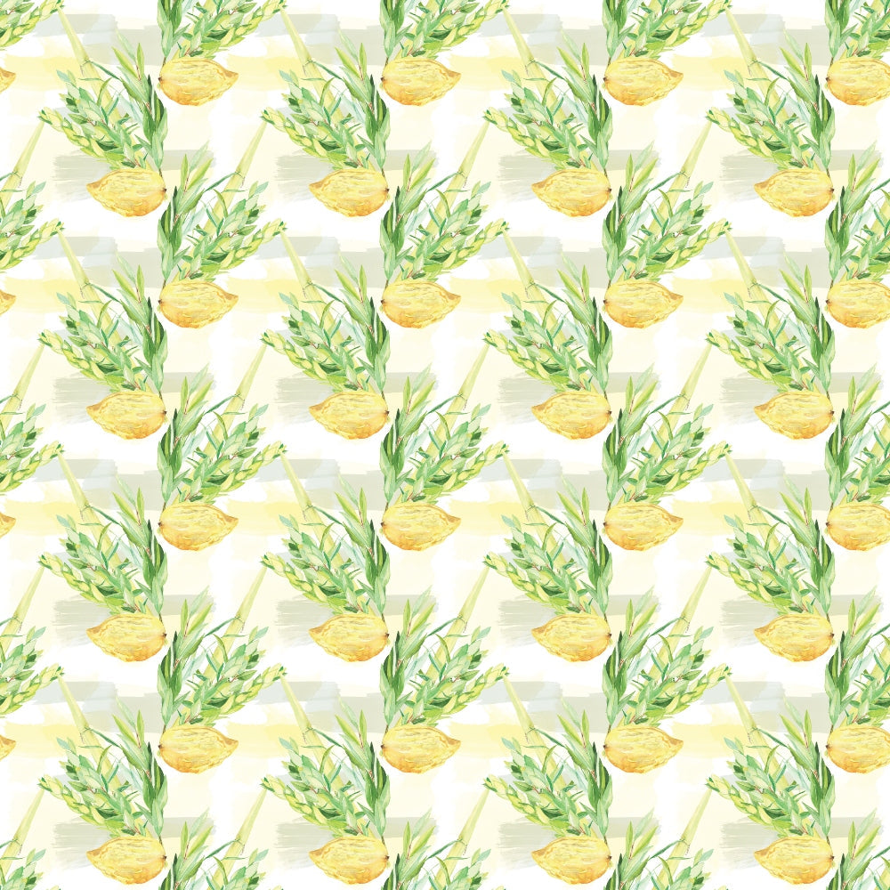 Repeated pattern of green leafy plants in round yellow pots on a light background.