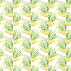 Repeated pattern of green leafy plants in round yellow pots on a light background.