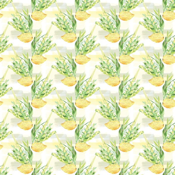 Repeated pattern of green leafy plants in round yellow pots on a light background.