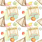 Seamless pattern with Sukkot symbols: sukkah, Star of David, citron, pomegranate, and text Happy Sukkot and Hebrew text on a colorful watercolor background.