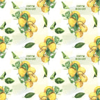 Pattern of watercolor lemons and green leaves with the text Happy Summer! scattered throughout.
