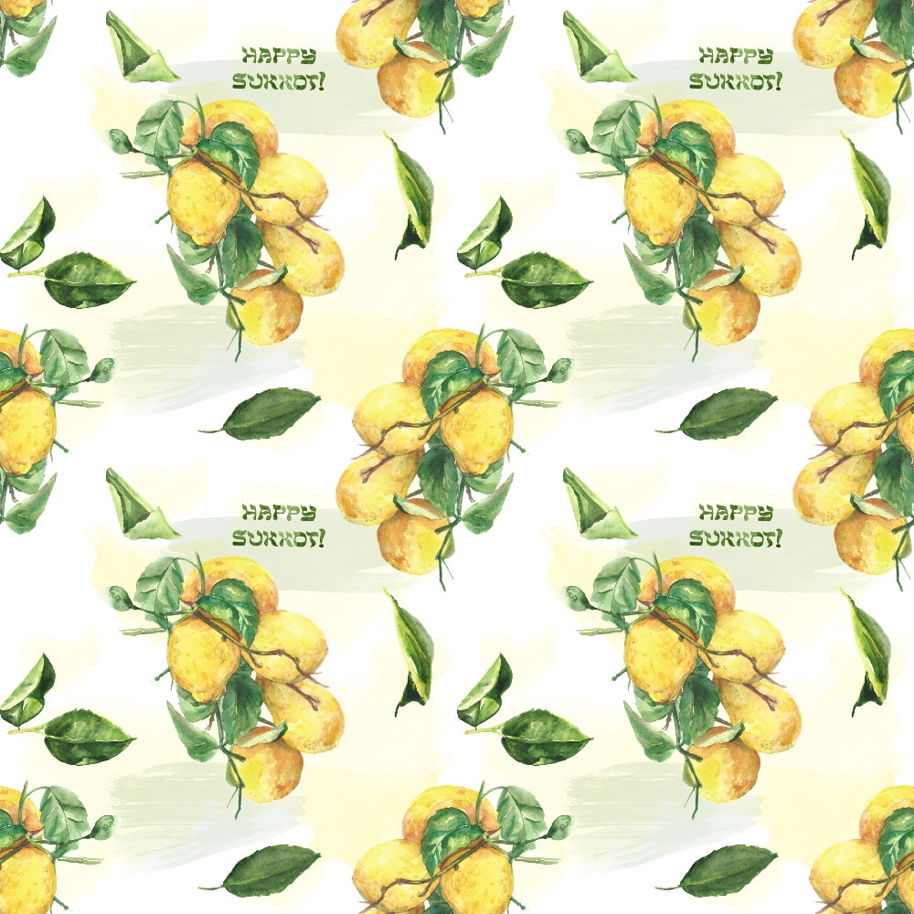 Pattern of watercolor lemons and green leaves with the text Happy Summer! scattered throughout.