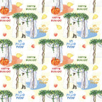 Pattern featuring a sukkah, pumpkins, fruits, and “Happy Sukkot” messages in English and Hebrew, with illustrations of greenery.