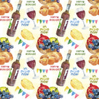 Pattern of wine bottles, grapes, bread, apples, flags, and the phrase Happy Sukkot in English and Hebrew on a festive background.