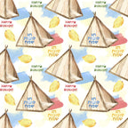 Pattern of watercolor tents and lemons, with Happy Sukkot and Hebrew text repeated in blue, red, green, and yellow on a white background.
