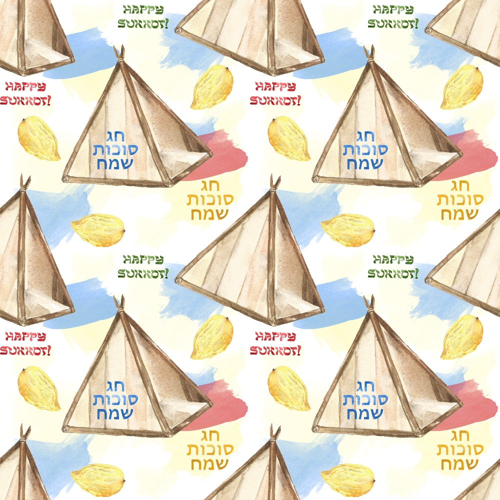 Pattern of watercolor tents and lemons, with Happy Sukkot and Hebrew text repeated in blue, red, green, and yellow on a white background.