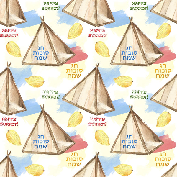 Pattern of watercolor tents and lemons, with Happy Sukkot and Hebrew text repeated in blue, red, green, and yellow on a white background.
