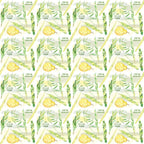Repeating pattern of yellow citron, green branches, and text in Hebrew set on a white background.