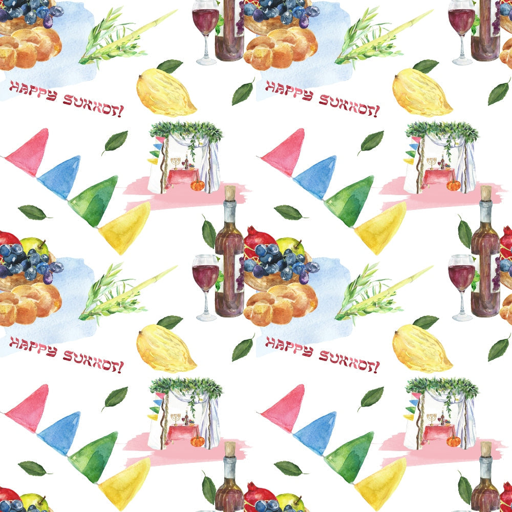 Colorful Sukkot-themed pattern with fruit, wine, leaves, hats, and the phrase Happy Sukkot! in watercolor style.