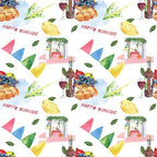 Colorful Sukkot-themed pattern with fruit, wine, leaves, hats, and the phrase Happy Sukkot! in watercolor style.