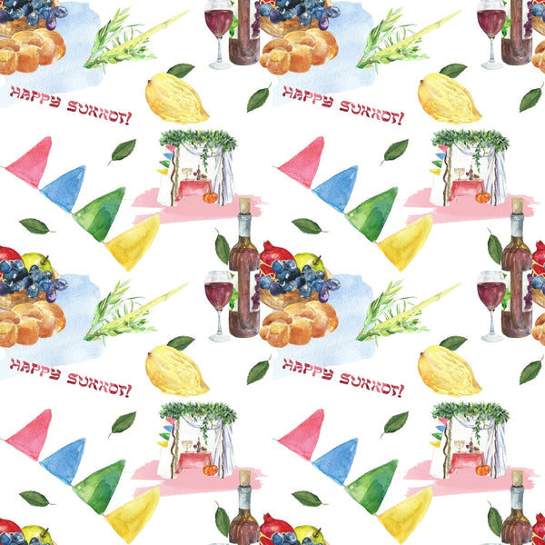 Colorful Sukkot-themed pattern with fruit, wine, leaves, hats, and the phrase Happy Sukkot! in watercolor style.