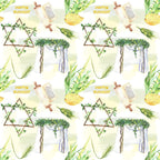 Watercolor pattern featuring Star of David, Torah scroll, lemon, leaves, branches, and the words Happy Sukkot repeated on a light background.