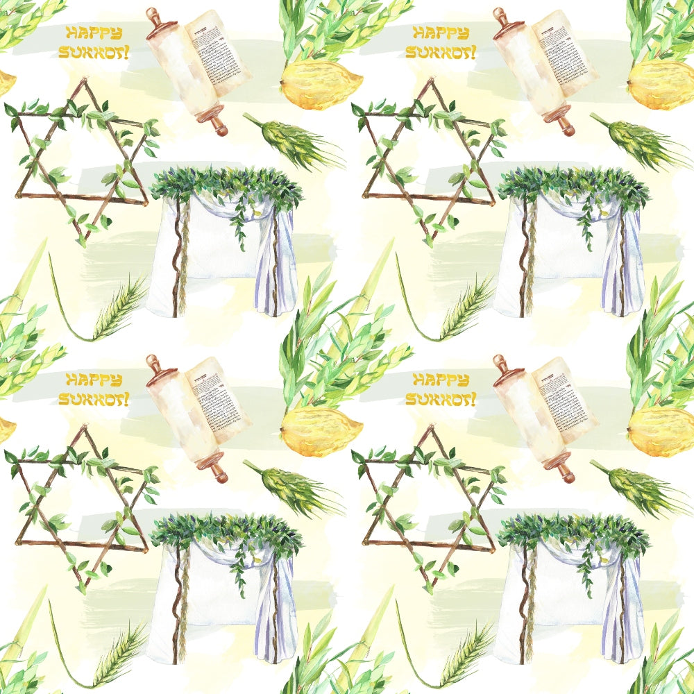 Watercolor pattern featuring Star of David, Torah scroll, lemon, leaves, branches, and the words Happy Sukkot repeated on a light background.