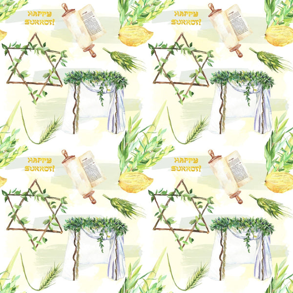 Watercolor pattern featuring Star of David, Torah scroll, lemon, leaves, branches, and the words Happy Sukkot repeated on a light background.
