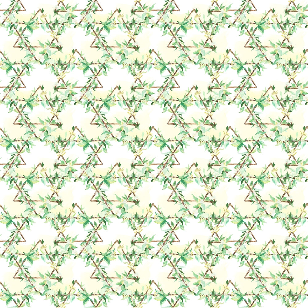 A repeating geometric pattern with green and beige floral designs forming diamond shapes.