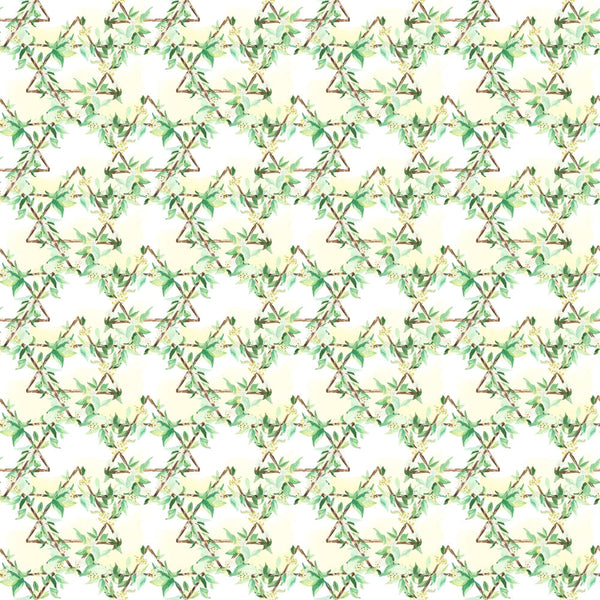 A repeating geometric pattern with green and beige floral designs forming diamond shapes.