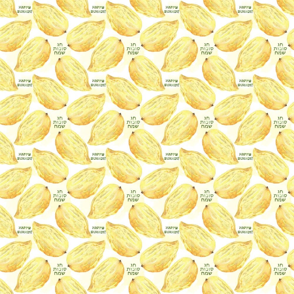 Seamless pattern of yellow durians with Hebrew text on a light background.