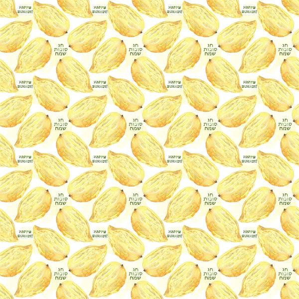Seamless pattern of yellow durians with Hebrew text on a light background.