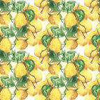 Seamless pattern of watercolor lemons with green leaves on a light background.