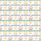 Repeating pattern of Happy Sukkot in English and Hebrew with illustrations of pomegranates, etrogs, and willow branches in green, yellow, red, and blue text.