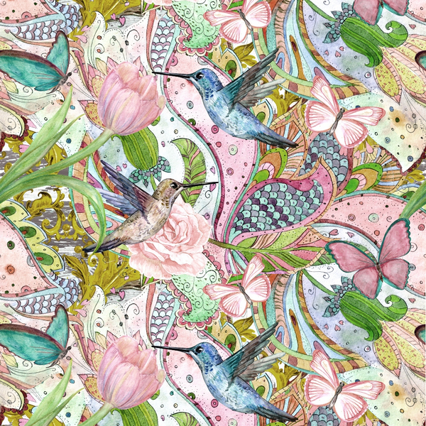 Colorful illustration of hummingbirds and butterflies among flowers and intricate leafy patterns.
