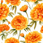 Illustration of vibrant orange marigold flowers with green leaves on a white background.
