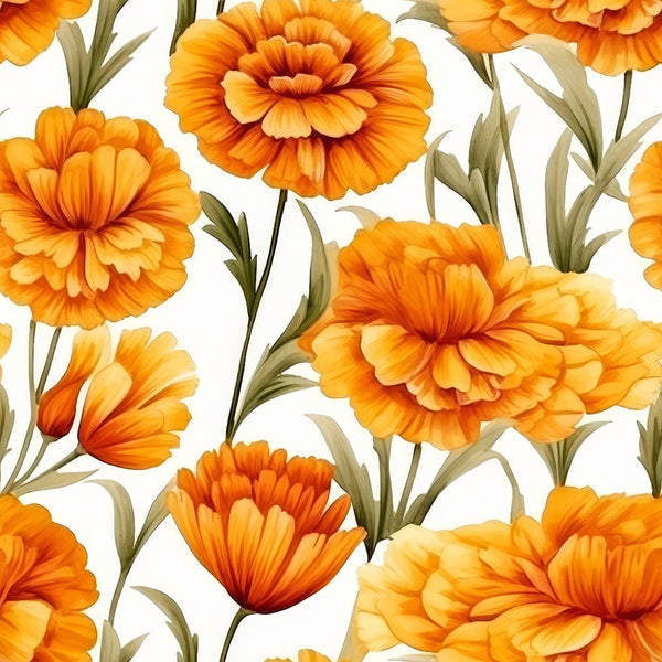 Illustration of orange and yellow flowers with green leaves on a white background, showcasing a vibrant floral pattern.