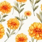 Illustration of orange marigold flowers with green stems and leaves on a light background.