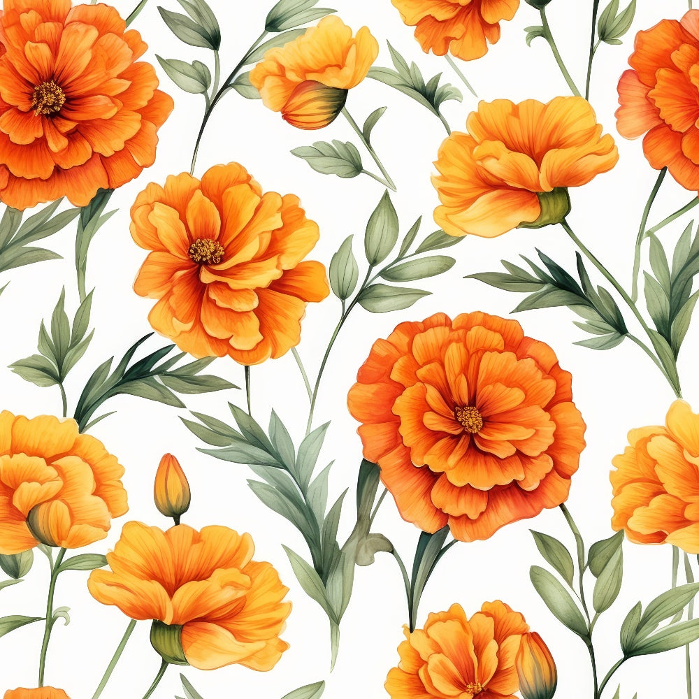 Pattern of orange marigold flowers with green leaves on a white background.