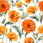 Pattern of orange marigold flowers with green leaves on a white background.