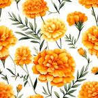 Pattern of vibrant orange and yellow marigold flowers with green leaves scattered on a white background.