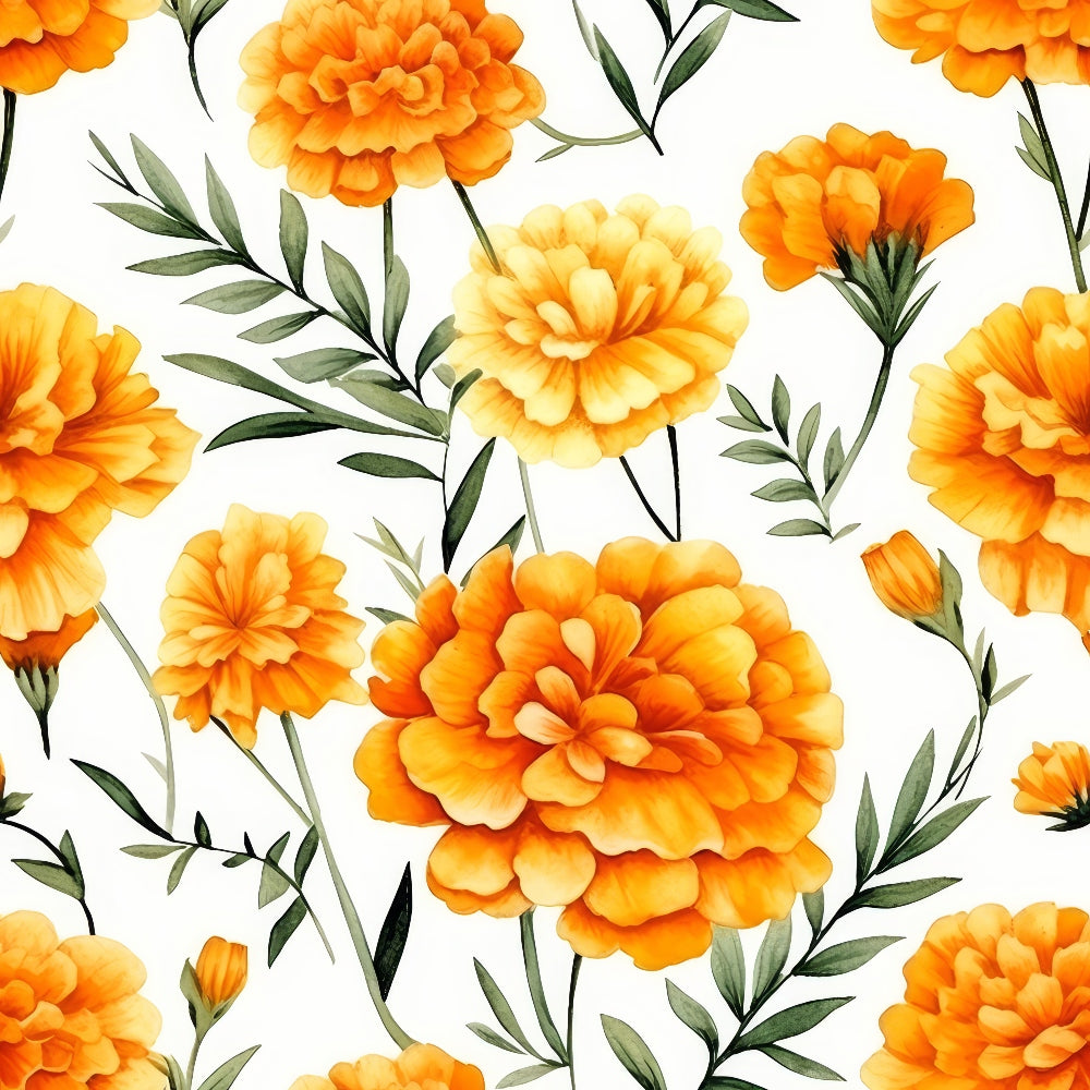 Pattern of vibrant orange and yellow marigold flowers with green leaves scattered on a white background.