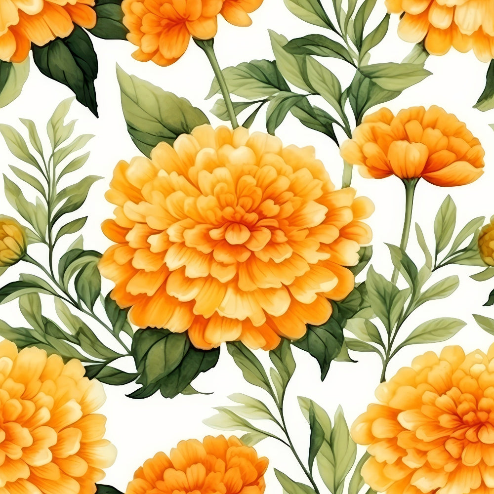 Pattern of large orange flowers with green leaves on a white background.