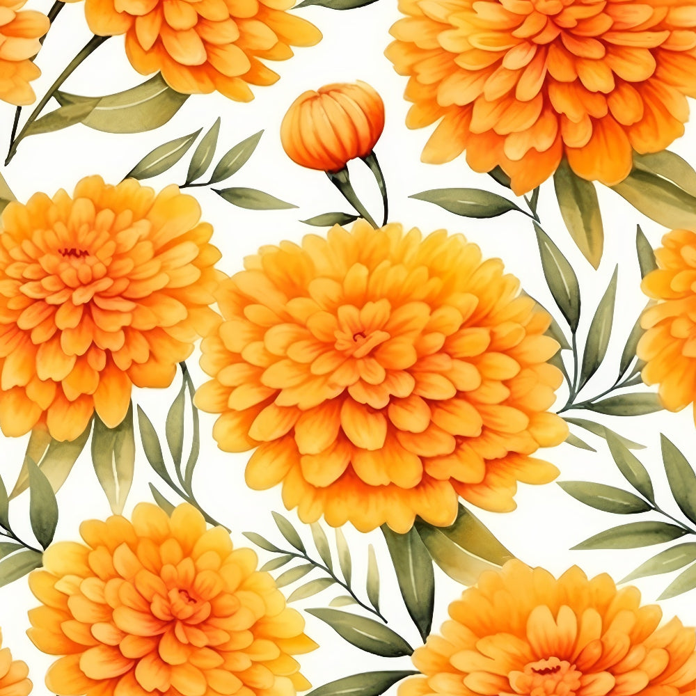 Pattern of bright orange marigold flowers with green leaves on a white background.