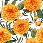 Illustration of large, bright orange flowers and green leaves on a white background.