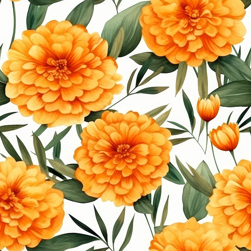 Illustration of large, bright orange flowers and green leaves on a white background.