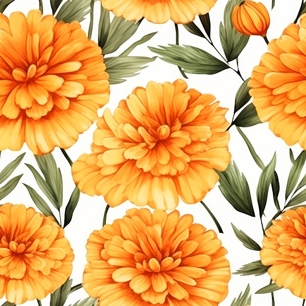 Bright orange marigold flowers with green leaves are arranged against a white background.