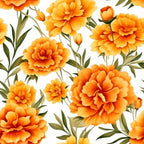 Pattern of orange and yellow flowers with green leaves on a white background.