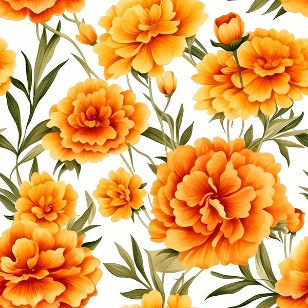 Pattern of orange and yellow flowers with green leaves on a white background.