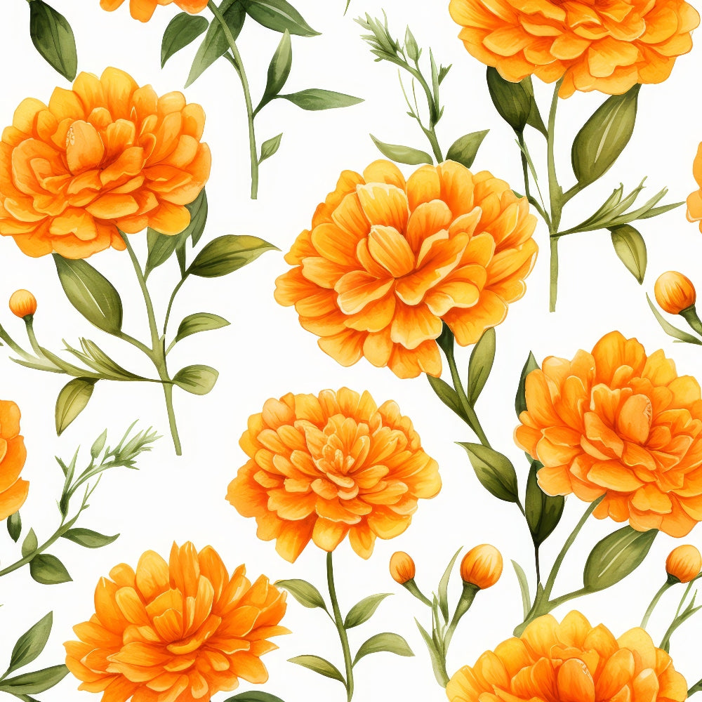Illustration of orange marigold flowers with green leaves on a white background.