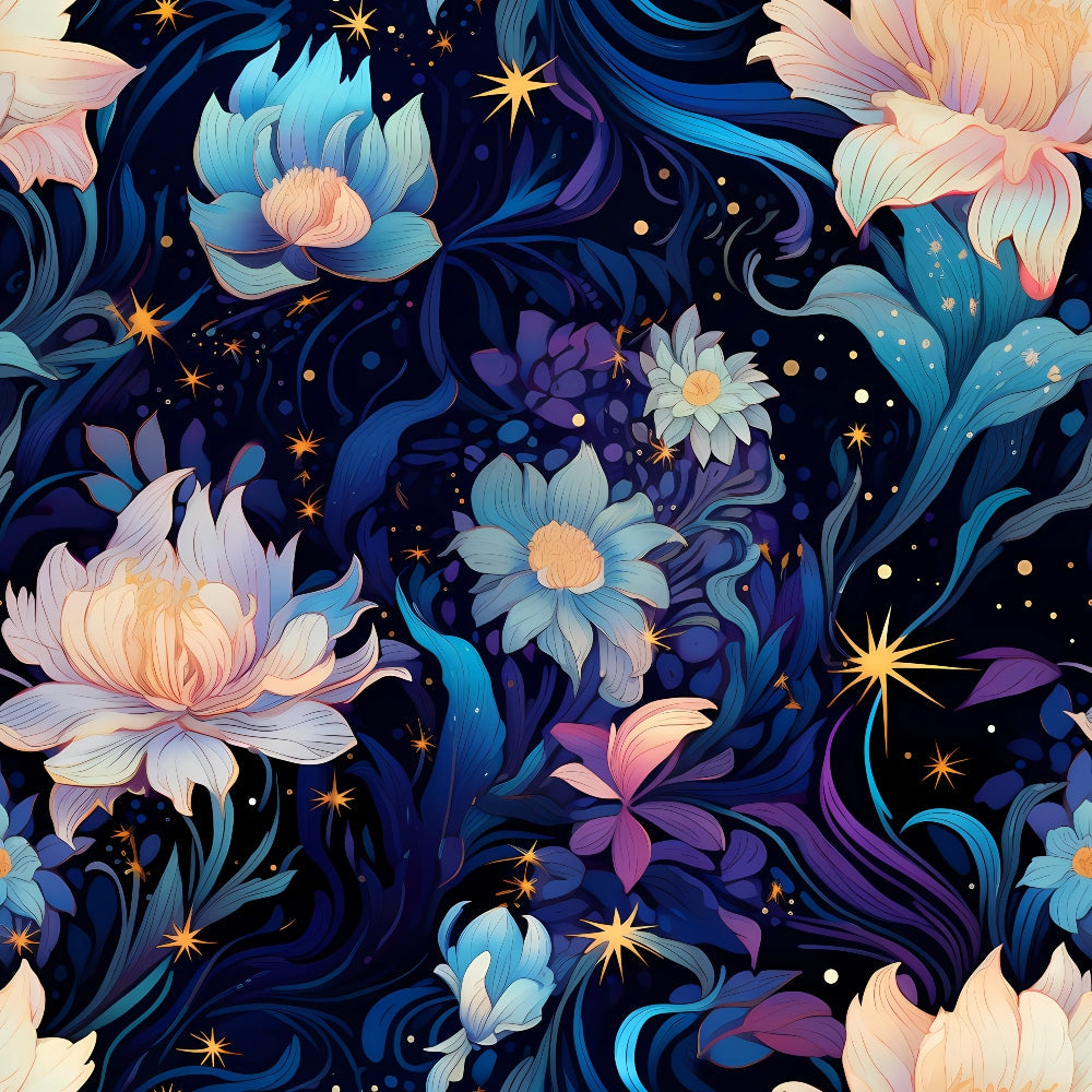 Floral pattern with large, colorful flowers and leaves on a dark background, accented by small stars and dots.
