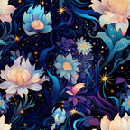 Floral pattern with large, colorful flowers and leaves on a dark background, accented by small stars and dots.