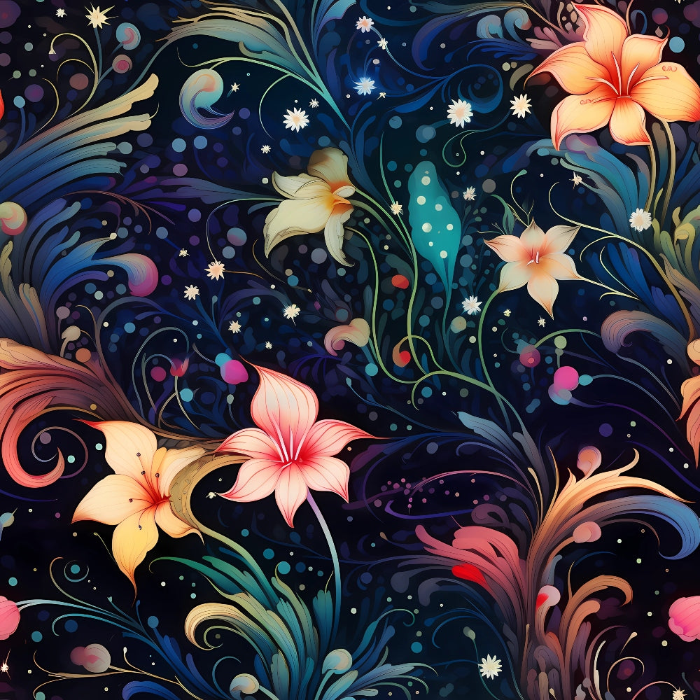 Colorful abstract floral design with swirling patterns and various flowers on a dark background.