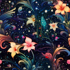 Colorful abstract floral design with swirling patterns and various flowers on a dark background.