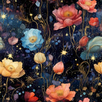 An illustration of colorful flowers, including blue, yellow, and red, set against a starry night sky background with gold accents.