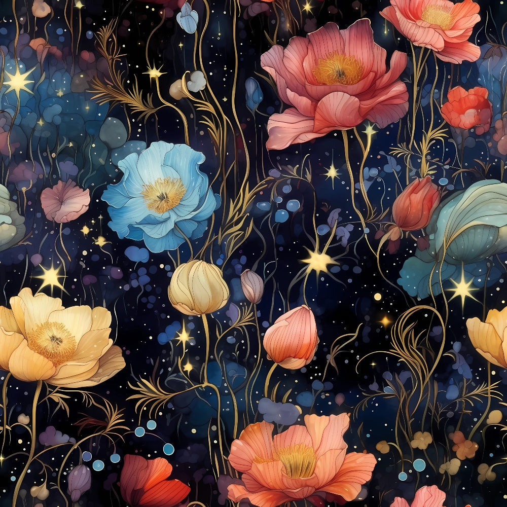 An illustration of colorful flowers, including blue, yellow, and red, set against a starry night sky background with gold accents.