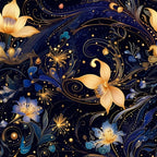 Intricate floral pattern with gold and blue flowers, swirls, and leaves on a dark background.